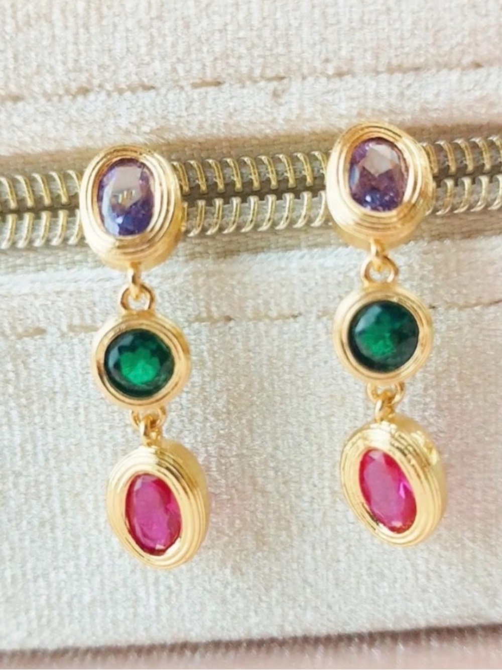 Vintage 925 Gold Drop Multi-Gem Earrings -Ruby emerald and amethyst